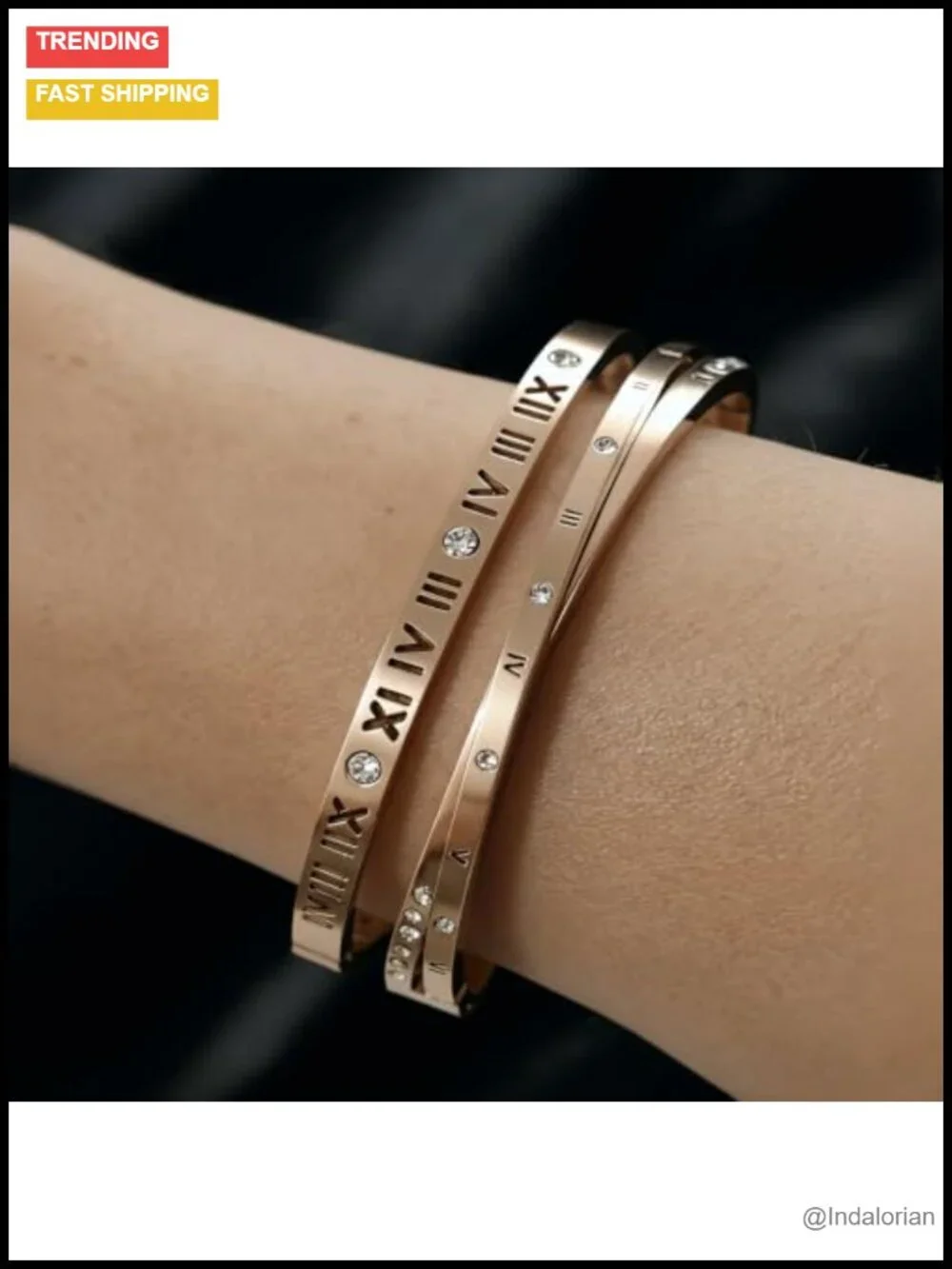 Rose Gold Plated Stainless Steel Cuff Bracelet Set Roman Numeral Stackable